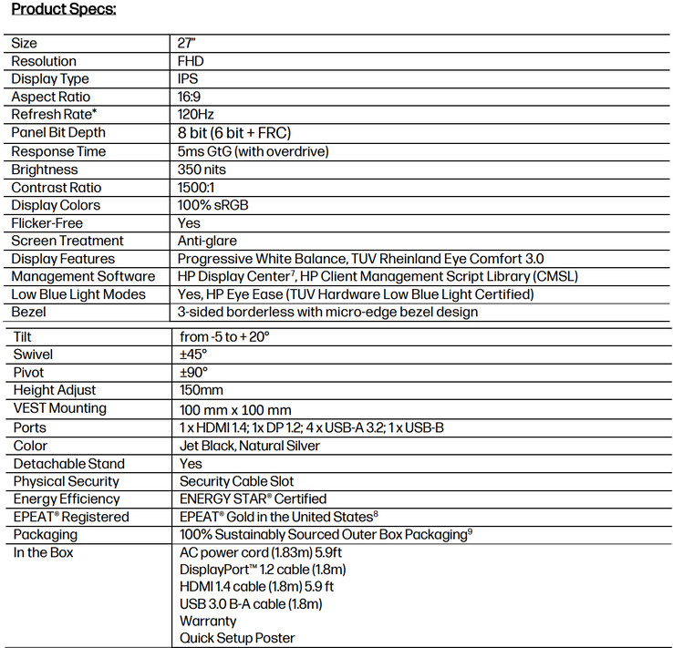 Complete specs (Image source: HP)