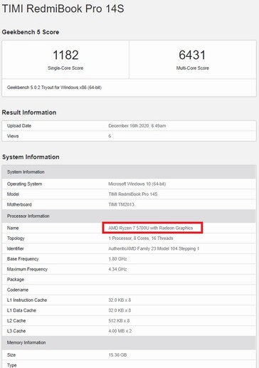 RedmiBook results. (Image source: Geekbench)