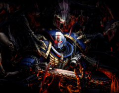 Warhammer 40K: Space Marine 2 peaked with over 225,000 concurrent players on Steam post launch. Pictured - A fan art piece of the game's protagonist surrounded by a swarm of Tyranids. (Image source: ChristianP7676 on Deviant Art)