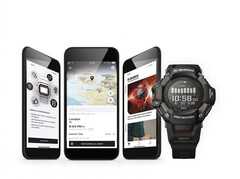 Casio Watches smartphone app screens alongside a black Casio G-Shock digital watch.