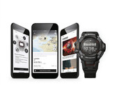 Casio Watches smartphone app screens alongside a black Casio G-Shock digital watch.