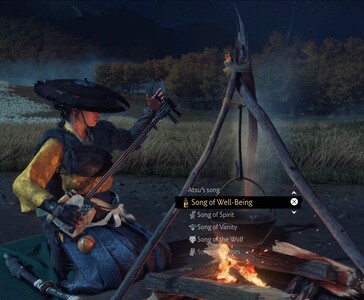 Atsu plays the shamisen near a campfire, selecting the “Song of Well-Being” from a menu of musical abilities. (Image source: Sucker Punch Productions)
