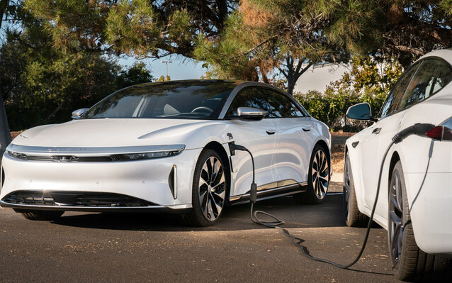 Lucid cheekily teased its V2V charging capabilities by charging a Tesla Model S. (Image source: Lucid)