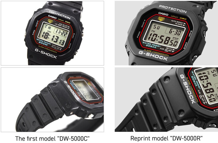 Details such as the case bezel surrounding the lettering, band dimples, and light button location are meticulously duplicated in the Casio DW-5000R G-Shock to match the original DW-5000C. (Image source: Casio Japan)