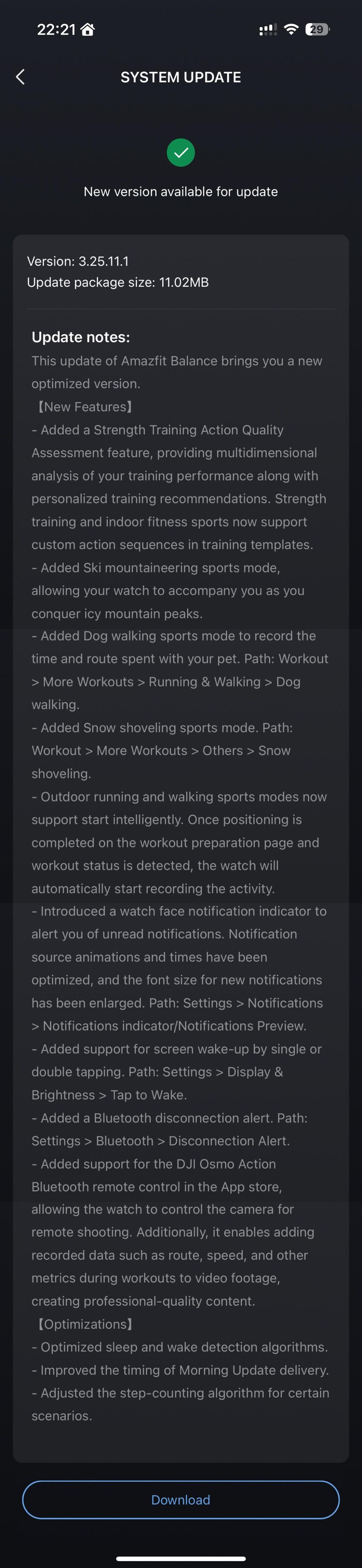 The full release notes for the Amazfit Balance version 3.25.11.1 update. (Image source: u/Nurkamol via Reddit)