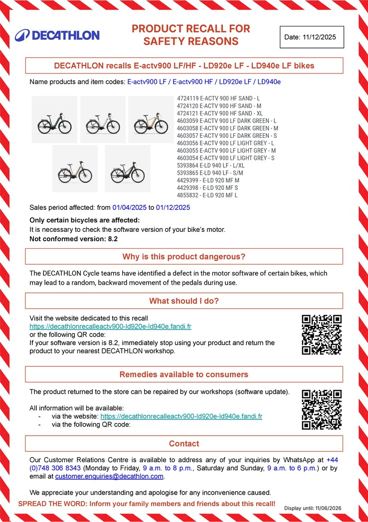 The product recall poster for some Decathlon Rockrider and Btwin e-bikes. (Image source: Decathlon) 