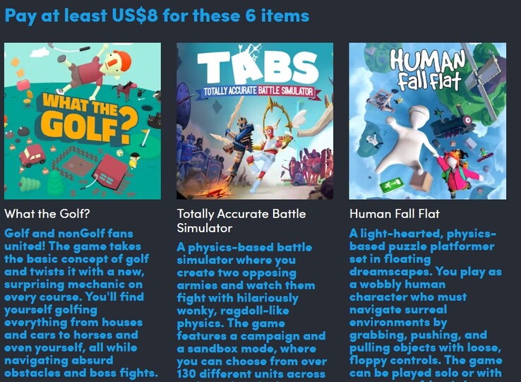 Game posters and descriptions. Paying $8 gets you 6 of the games (Image source: Humble Bundle)