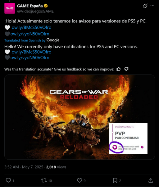 Game Espana Gears of War: Reloaded X post (Image source: screenshot, Game Espana X account)