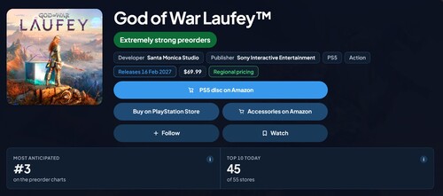 God of War Laufey pre-order rank on PlayStation Store shown