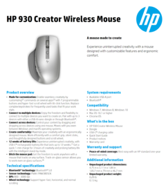 HP 930 Creator Wireless Mouse - Specifications. (Source: HP)