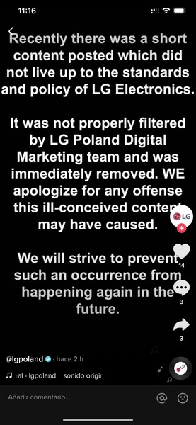 LG Poland's apology on its official TikTok channel. (Image Source: LG Poland on TikTok)