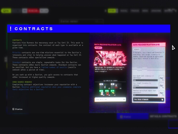 Marathon’s contracts screen outlines the split between Priority and Standard jobs, highlighting faction rewards, rerolls, and crew-shared reputation gains.