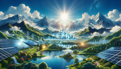 This is how AI imagines many solar cells in front of mountains and water - ideal for solar power and its storage. (Image source: DallE 3)