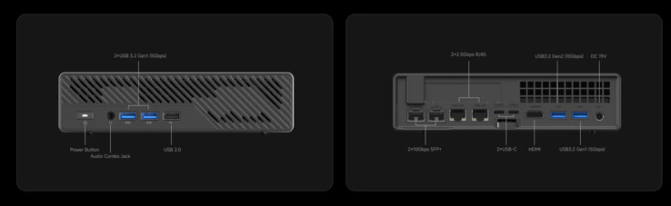 The Minisforum MS-A2 has plenty of ports at its disposal on its front and rear sides. (Image source: Minisforum)