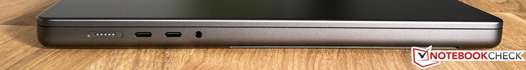 Left side: MagSafe, 2x USB-C 4.0 w/ Thunderbolt 4 (40 Gbps, DisplayPort-ALT mode 1.4, Power Delivery), 3.5 mm stereo