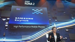 AMD mRDNA 2 in upcoming Samsung Exynos apparently beats the latest Mali GPU even under throttling. (Image Source: AMD Computex 2021 keynote)