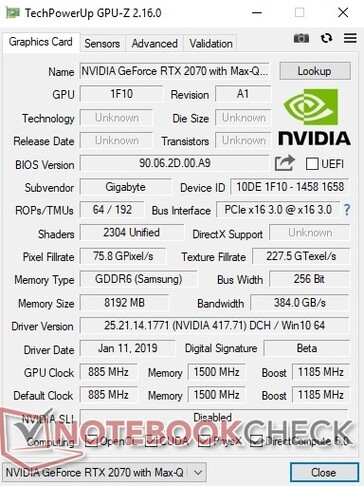 Gigabyte Aero 15 X9 RTX 2070 Max-Q GPU-Z. Note the lower base clock rate and slower fillrates