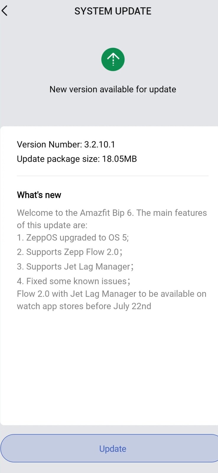 The release notes for software version 3.2.10.1 for the Amazfit Bip 6 smartwatch. (Image source: Amazfit)