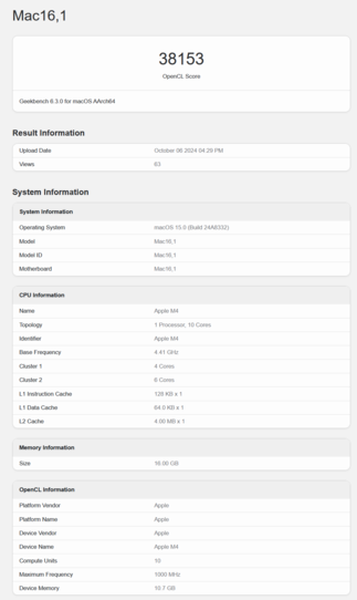 Apple M4 GPU performance (image source: Geekbench)
