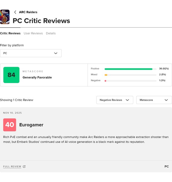 Average Arc Raiders review score at Metacritic (Image source: screenshot, Metacritic)