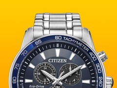 A close-up of the Citizen BL5640-59L with its deep blue dial set against a solid yellow background.