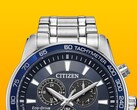 A close-up of the Citizen BL5640-59L with its deep blue dial set against a solid yellow background.