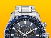 A close-up of the Citizen BL5640-59L with its deep blue dial set against a solid yellow background.