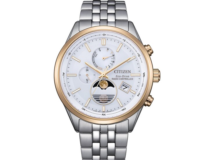 Citizen BY1034-59A Eco-Drive moonphase watch featuring a white dial, two-tone stainless steel bracelet.