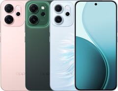 The Oppo Reno14 F ships with glossy pink, luminous green, and opal green color options (Image source: Oppo)