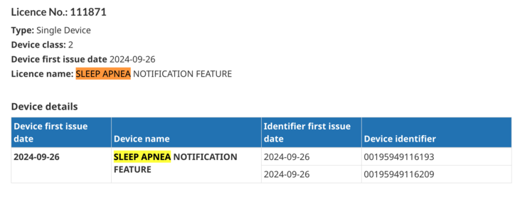 The active license listing of the sleep apnea feature integration on the Health Canada website. (Image source: Health Canada)
