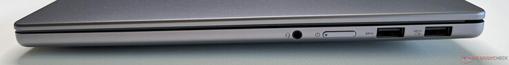 Right: 3.5 mm audio jack, power button, 2x USB-A 3.2 Gen.1 (5 GBit/s, 1x powered)