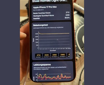 Apple iPhone 17 Pro Max showing 90.5% stability in the 3DMark Steel Nomad Stress Test benchmark results on screen (Image source: u/T-K-Tronix via r/iphone)