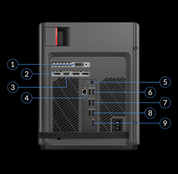 Rear: DVI, DisplayPort, HDMI, 3.5 mm audio out, RJ-45, 2x USB 2.0, 2 x USB 3.1 Gen. 2, 2 x USB 3.1 Gen. 1, AC cable