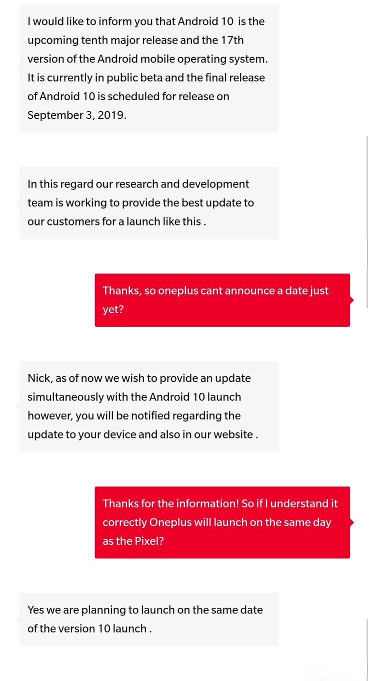 The "conversation" concerning OnePlus' apparent Android 10 plans. (Source: Reddit)