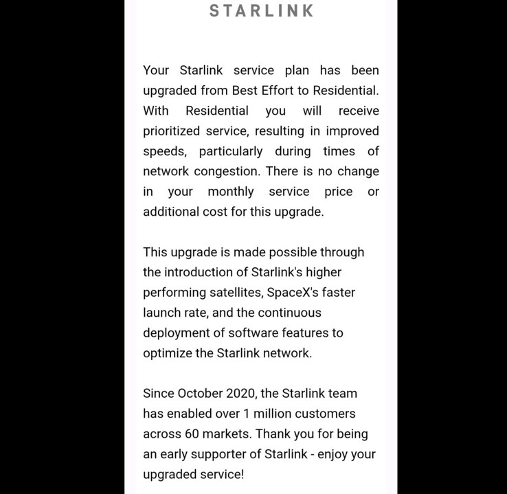 The Starlink Best Effort to Residential tier speed upgrade email