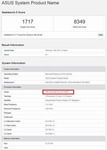 i9-11900T. (Image source: Geekbench)