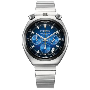 Front view of the Citizen Tsuno Chronograph AN3714-68L, featuring a vivid blue gradient dial.