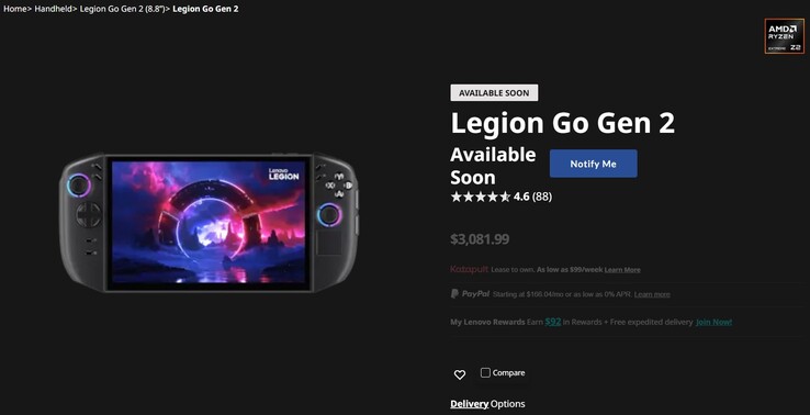 Legion Go 2 listing on Lenovo's website.
