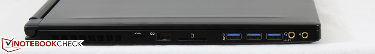 Left: Kensington Lock, Ethernet, SD reader, 3x USB 3.0, headphones/SPDIF, microphone