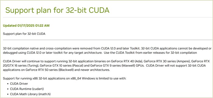 Nvidia's notice about the future of 32-bit CUDA support. (Image source: Nvidia)