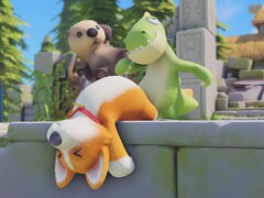 Three Party Animals characters scramble over a stone ledge in a chaotic brawl.