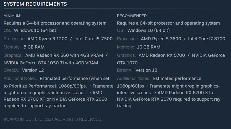 Resident Evil Village system requirements. (Image source: Steam)