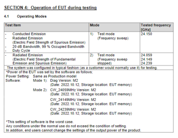 A table from the filing, listing the operating modes of the unknown Nintendo accessory. (Image source: FCC)