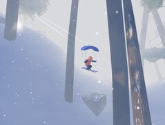Pictured: Player character paragliding in a dense forest during a blizzard. (Source: Screenshot within Studio Gauntlet's Sno: Ultimate Freeriding)