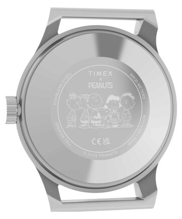 Case back of the Timex x Peanuts MK1 with Snoopy and other Peanuts characters.