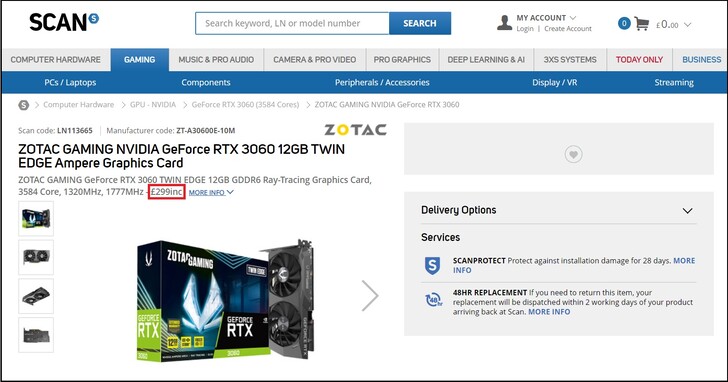 Zotac GeForce RTX 3060 board at £299. (Image source: Scan)