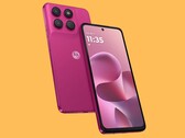 Motorola moto g37 in Pantone Fuchsia Red with rear cameras and front display visible.