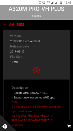 No more Bristol Ridge support for the MSI A320M Pro VH-Plus motherboard. (Source: MSI / Tom's Hardware)