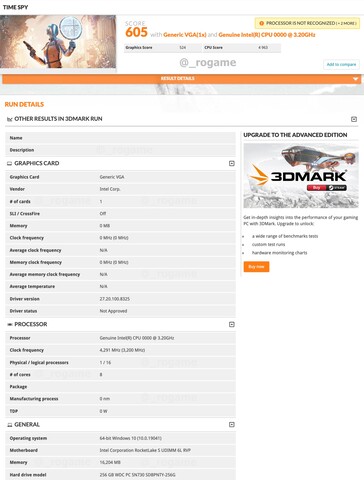 Intel Rocket Lake-S 3DMark Time Spy score. (Image Source: @_rogame on Twitter)