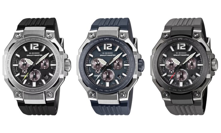 From left to right: the Casio G-Shock GWR-B3000-1A, GWR-B3000A-2A and GWR-B3000B-8A watches
